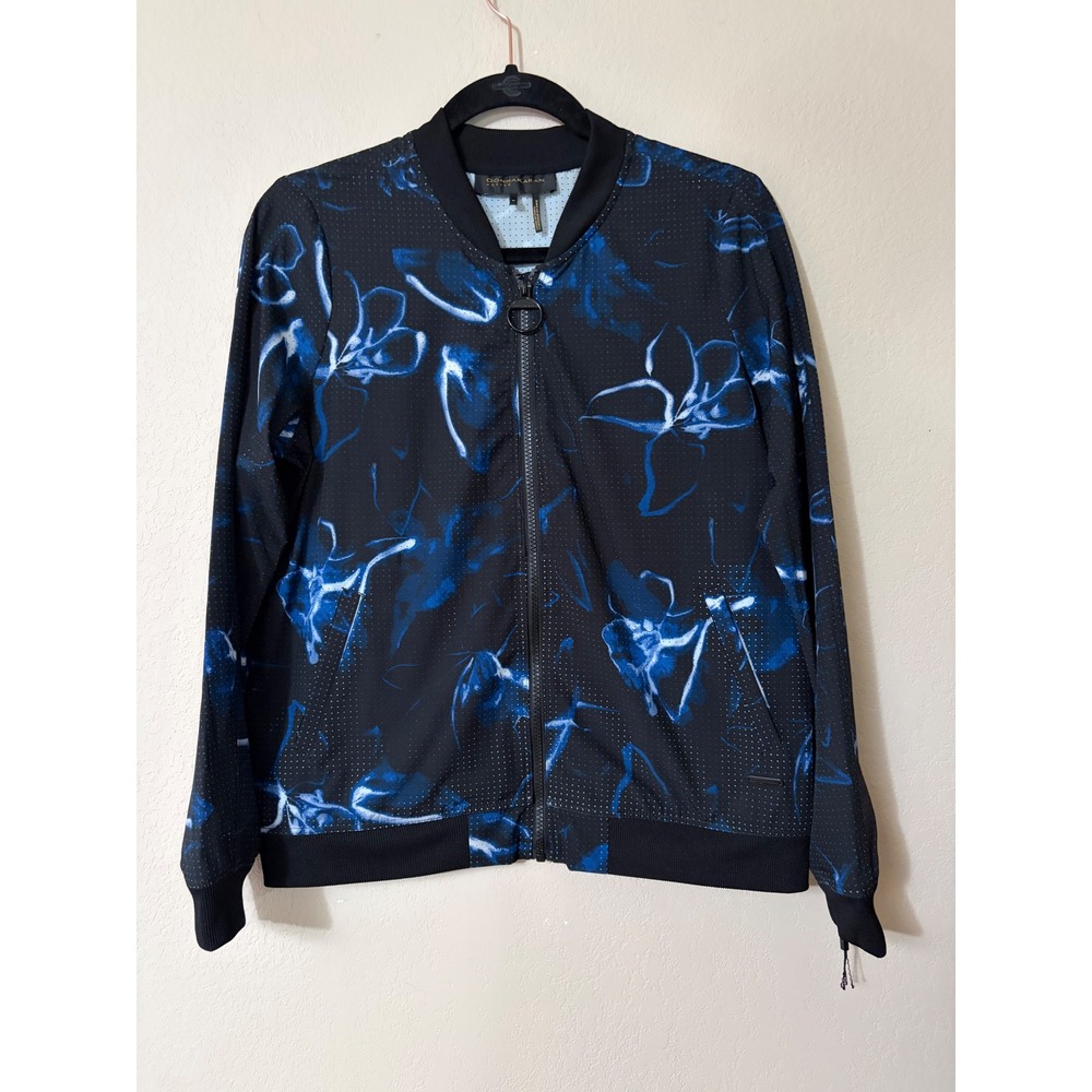 Donna Karan Active Womens Blue Floral Perforated Mesh Bomber Jacket Size M Black